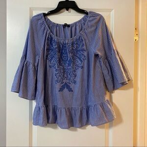 INC striped top w/3/4 bell sleeve & embroidery.